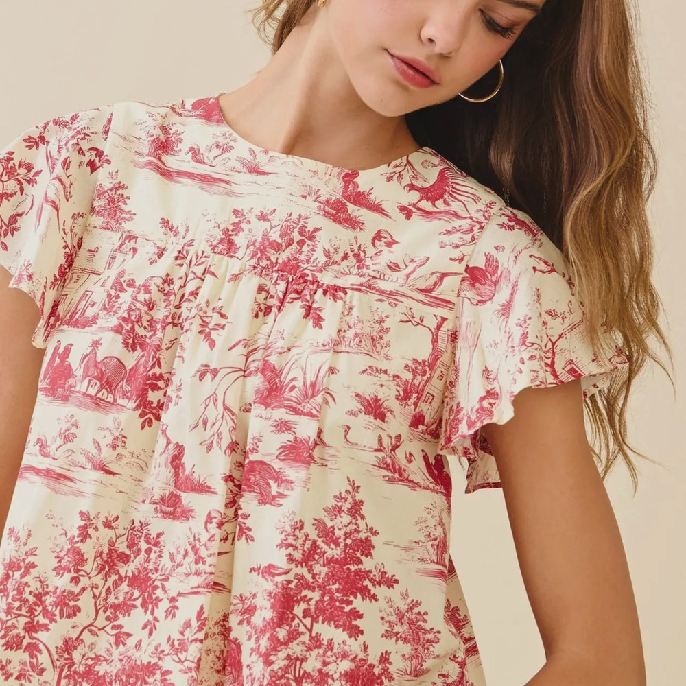 TCEC Blouse with Red and Cream Toile Print
